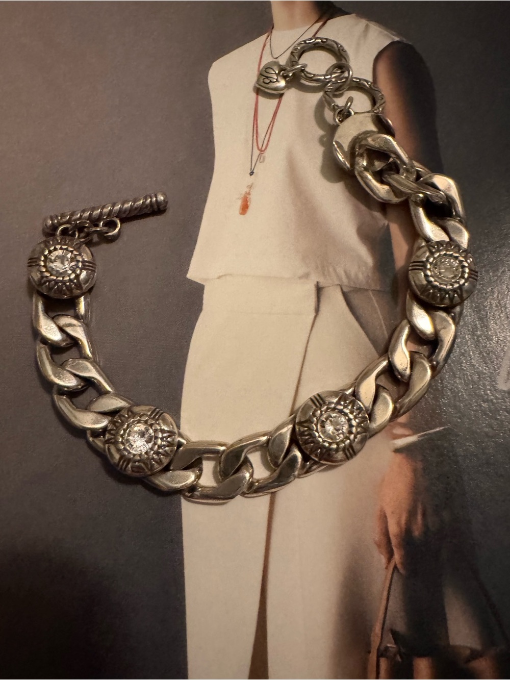 Brighton Silver-Tone Crystal Medallion Link Bracelet